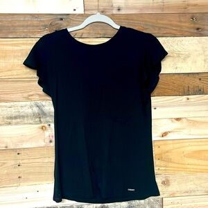 T Tahari size medium black ruffle short sleeve soft and stretchy blouse top